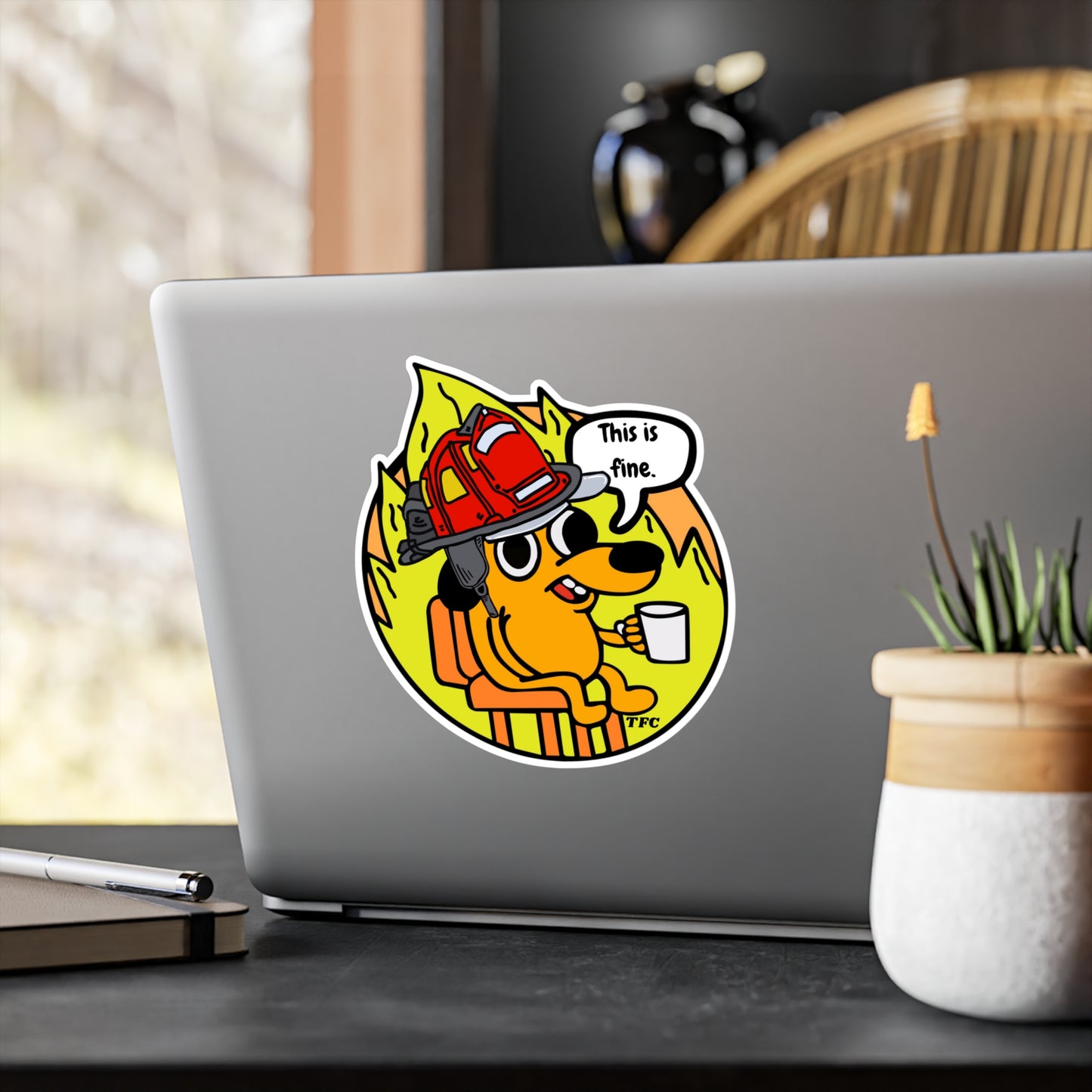 “This is Fine” Firefighter Sticker – Durable Vinyl Meme Decal for Laptops, Cars & Gear
