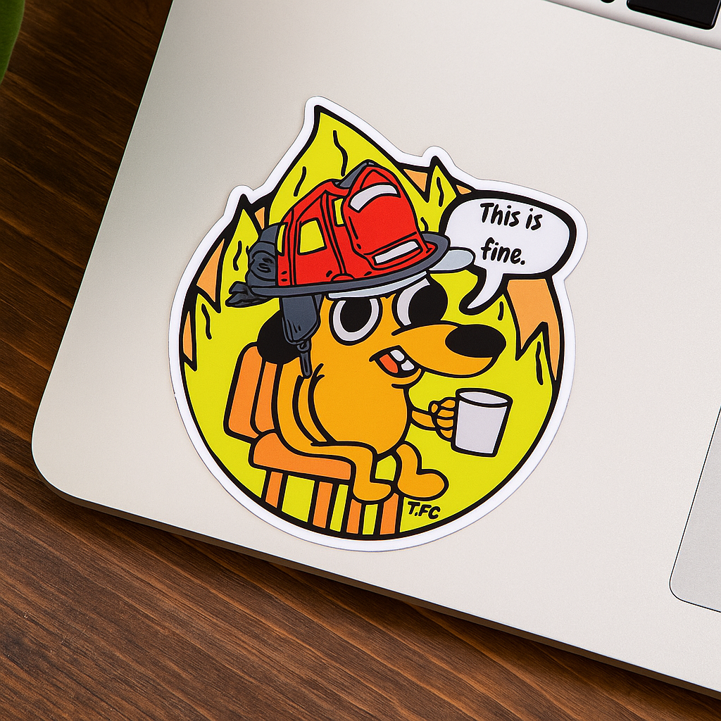“This is Fine” Firefighter Sticker – Durable Vinyl Meme Decal for Laptops, Cars & Gear