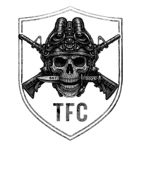 Black and white graphic of a skull wearing a helmet with crossed rifles on a black background, featuring 'TFC' text.