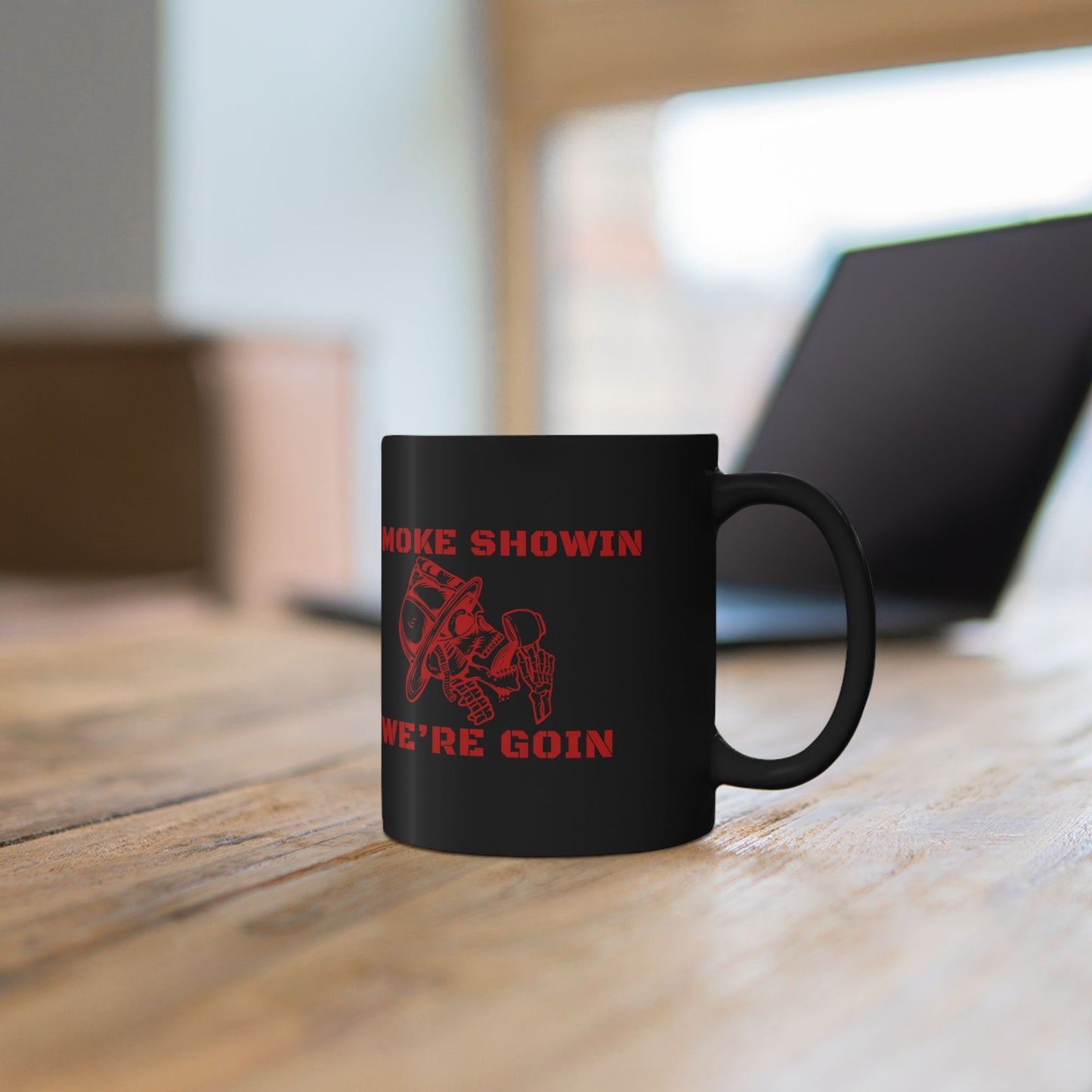 Smoke Showin We’re Goin Firefighter Coffee Mug – Black 11oz / 15oz – Red Skull Fire Helmet Design – Fireman Gift