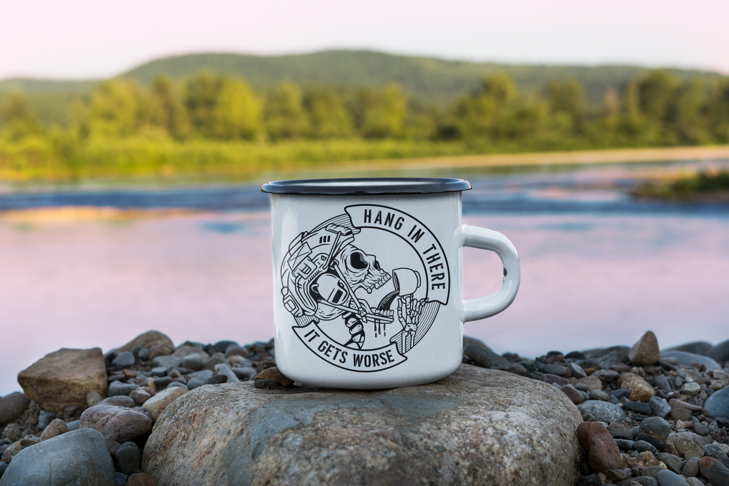 Hang In There Enamel Camping Mug - Motivational Outdoor Drinkware