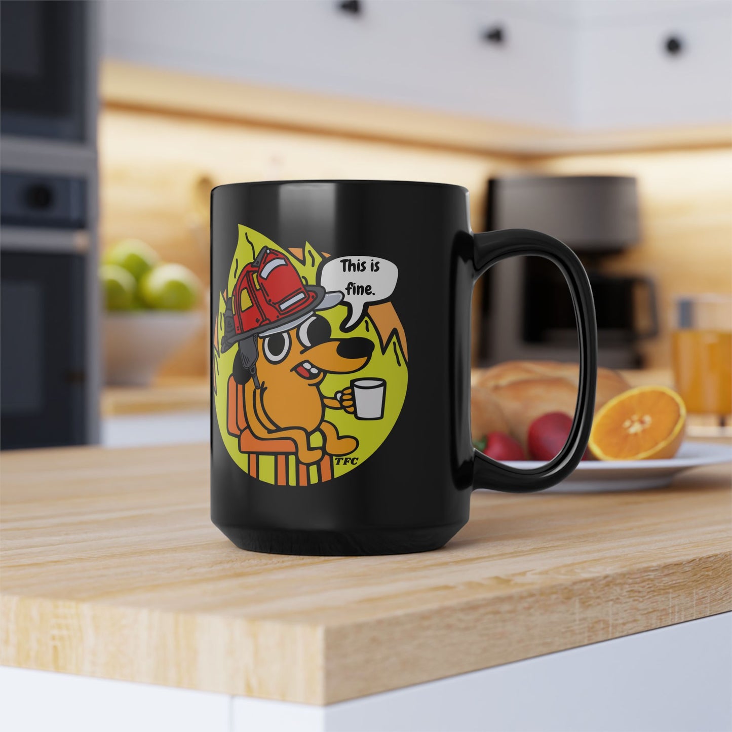 Firefighter Coffee Mug – “This Is Fine” Fire Dog Mug | Funny Firefighter Gift | Black Ceramic Coffee Cup (11oz & 15oz)