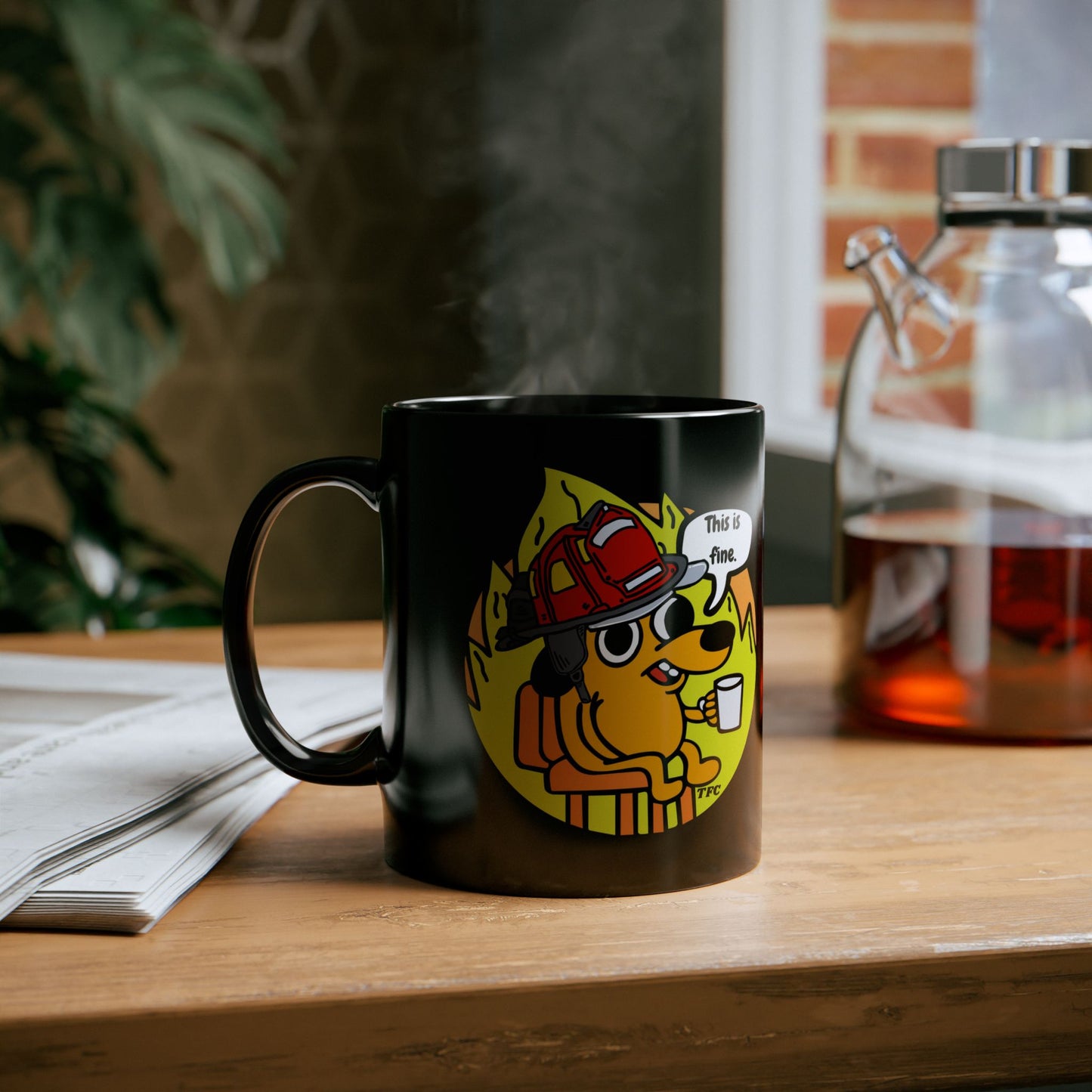 Firefighter Coffee Mug – “This Is Fine” Fire Dog Mug | Funny Firefighter Gift | Black Ceramic Coffee Cup (11oz & 15oz)