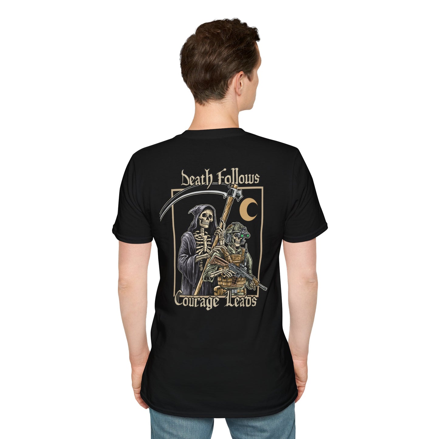 Death Follows Courage Leads Shirt – Tactical Skeleton & Grim Reaper Tee – Military Warrior Apparel – Fearless Combat Operator T-Shirt