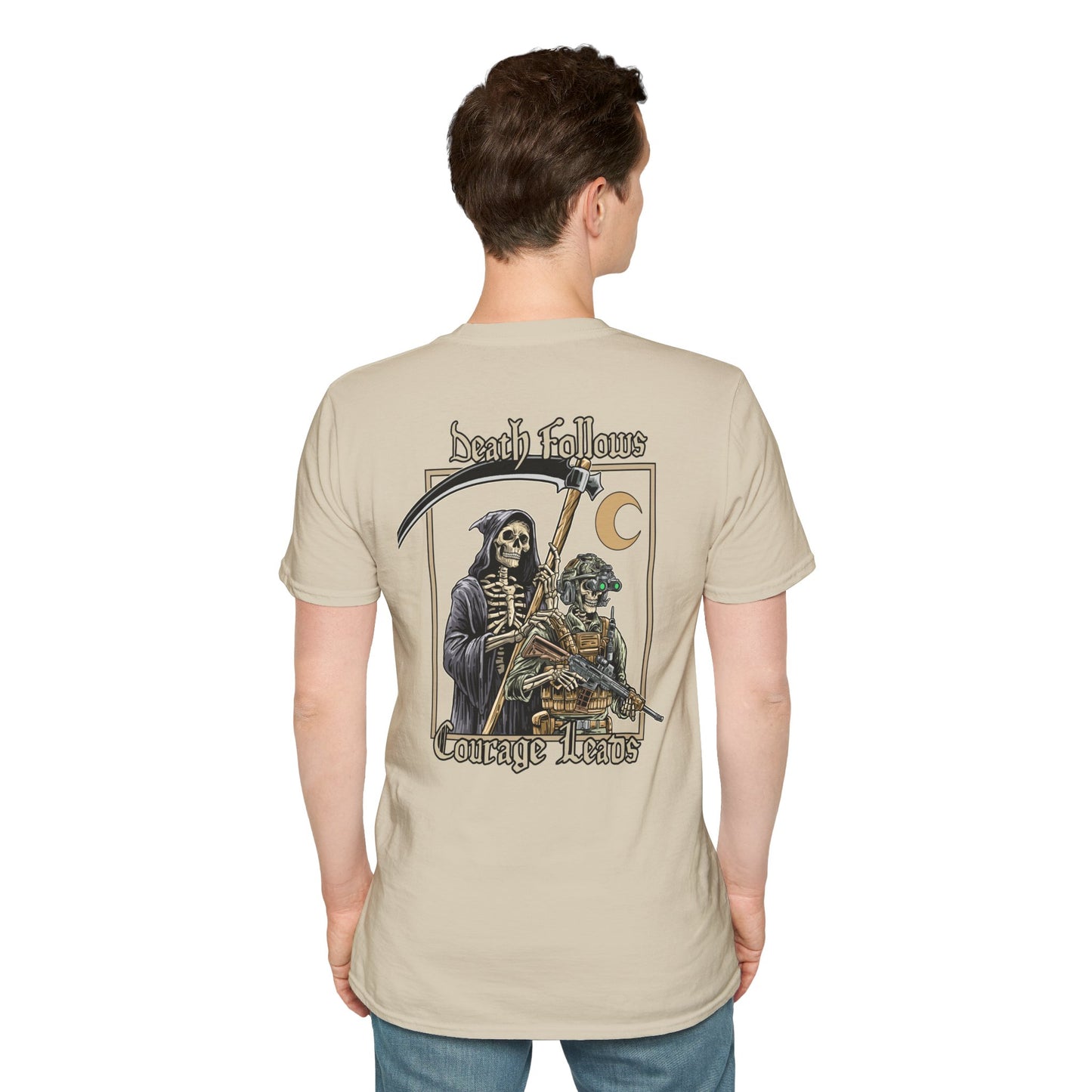 Death Follows Courage Leads Shirt – Tactical Skeleton & Grim Reaper Tee – Military Warrior Apparel – Fearless Combat Operator T-Shirt