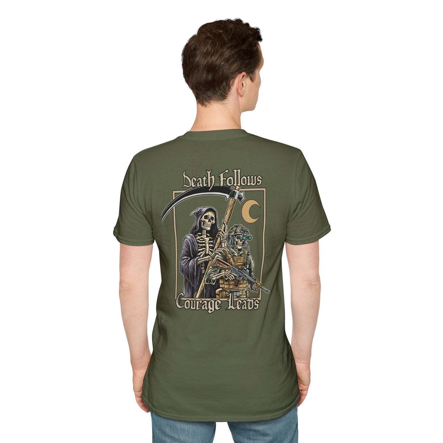 Death Follows Courage Leads Shirt – Tactical Skeleton & Grim Reaper Tee – Military Warrior Apparel – Fearless Combat Operator T-Shirt