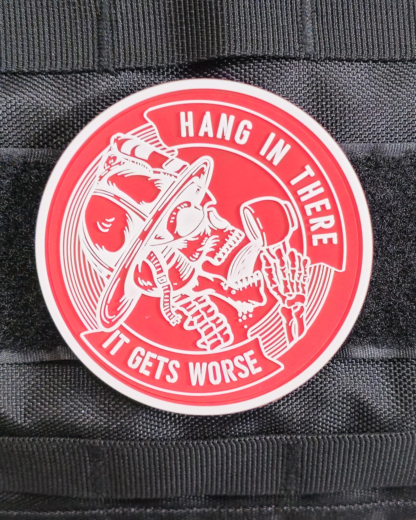 Firefighter Patch – "Hang in There, It Gets Worse" | 3x3 & 2x2 Inch Morale Patch in Red, Thin Red Line, & Stealth Black