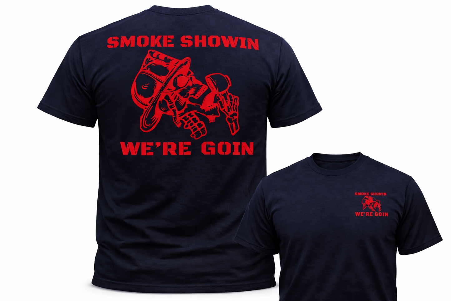 Smoke Showin’ We’re Goin’ Firefighter Skull T-Shirt | Red Graphic Fire Dept Tee