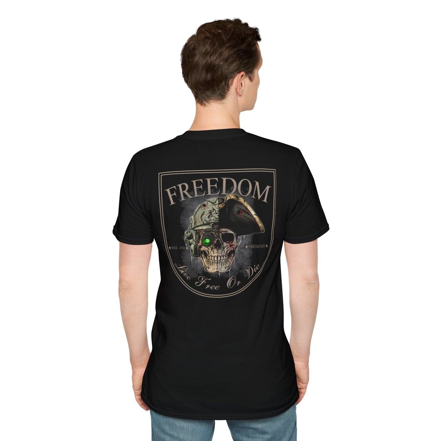 Freedom T-Shirt – Live Free or Die | 1776 Patriotic Skeleton Shirt | Tactical American Heritage Tee | Veteran, Military, 2A, Independence Shirt