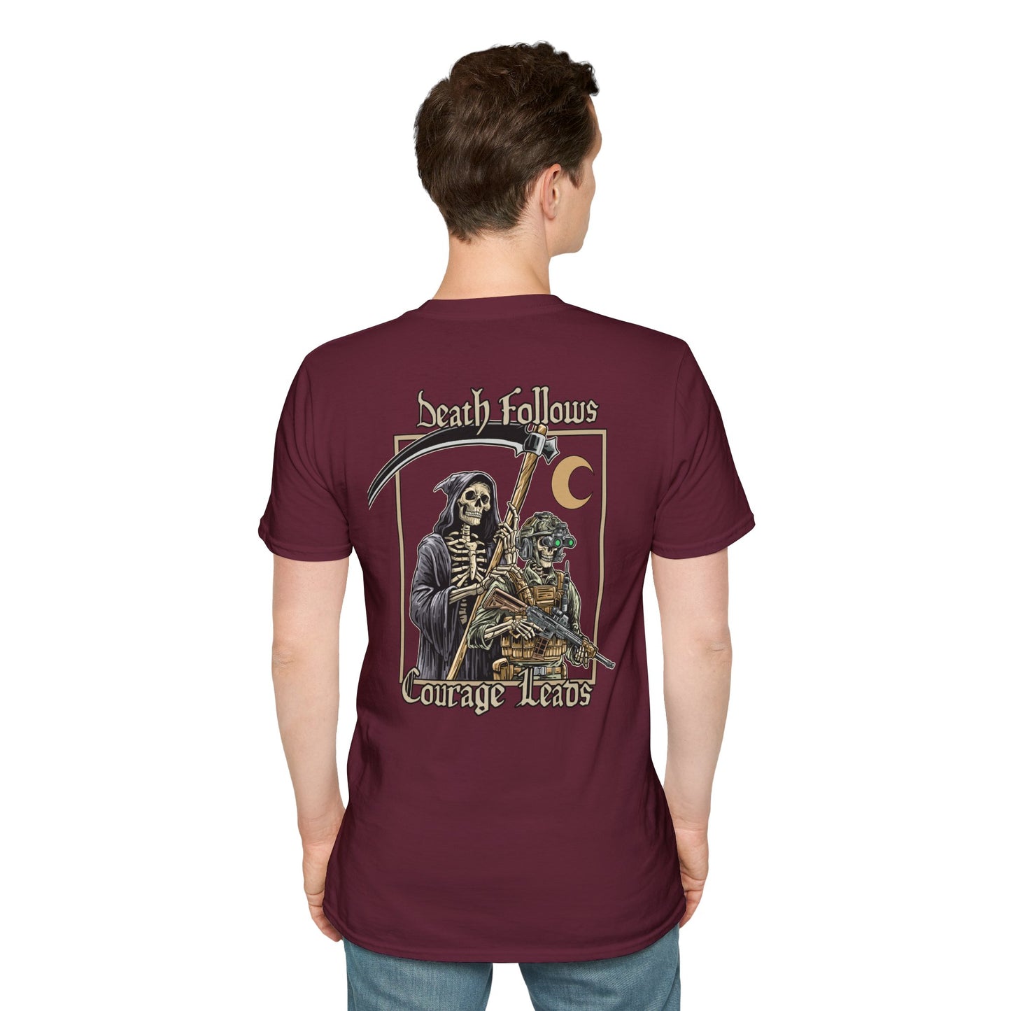 Death Follows Courage Leads Shirt – Tactical Skeleton & Grim Reaper Tee – Military Warrior Apparel – Fearless Combat Operator T-Shirt