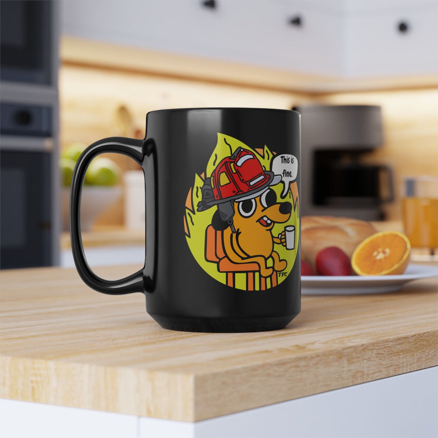 Firefighter Coffee Mug – “This Is Fine” Fire Dog Mug | Funny Firefighter Gift | Black Ceramic Coffee Cup (11oz & 15oz)