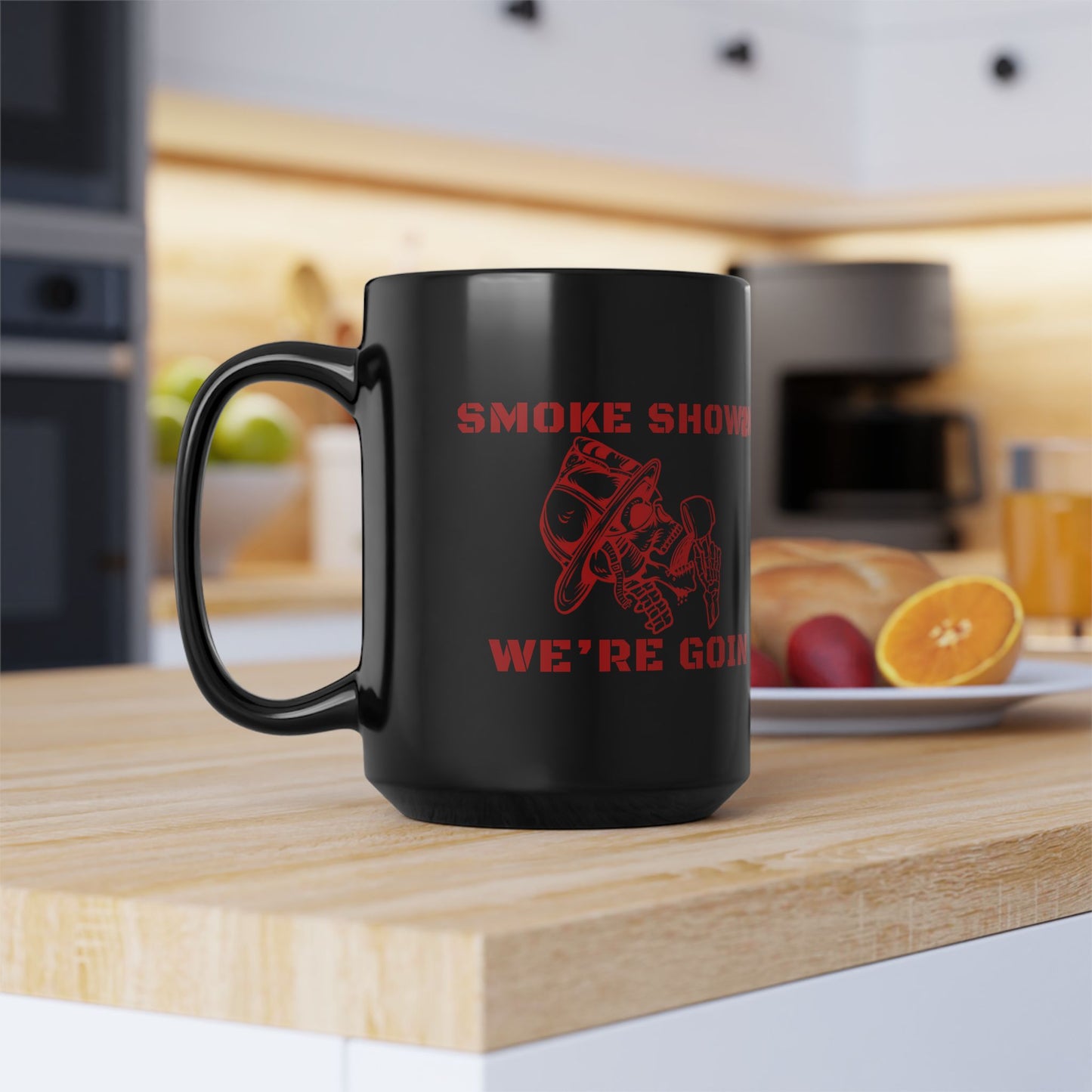 Smoke Showin We’re Goin Firefighter Coffee Mug – Black 11oz / 15oz – Red Skull Fire Helmet Design – Fireman Gift
