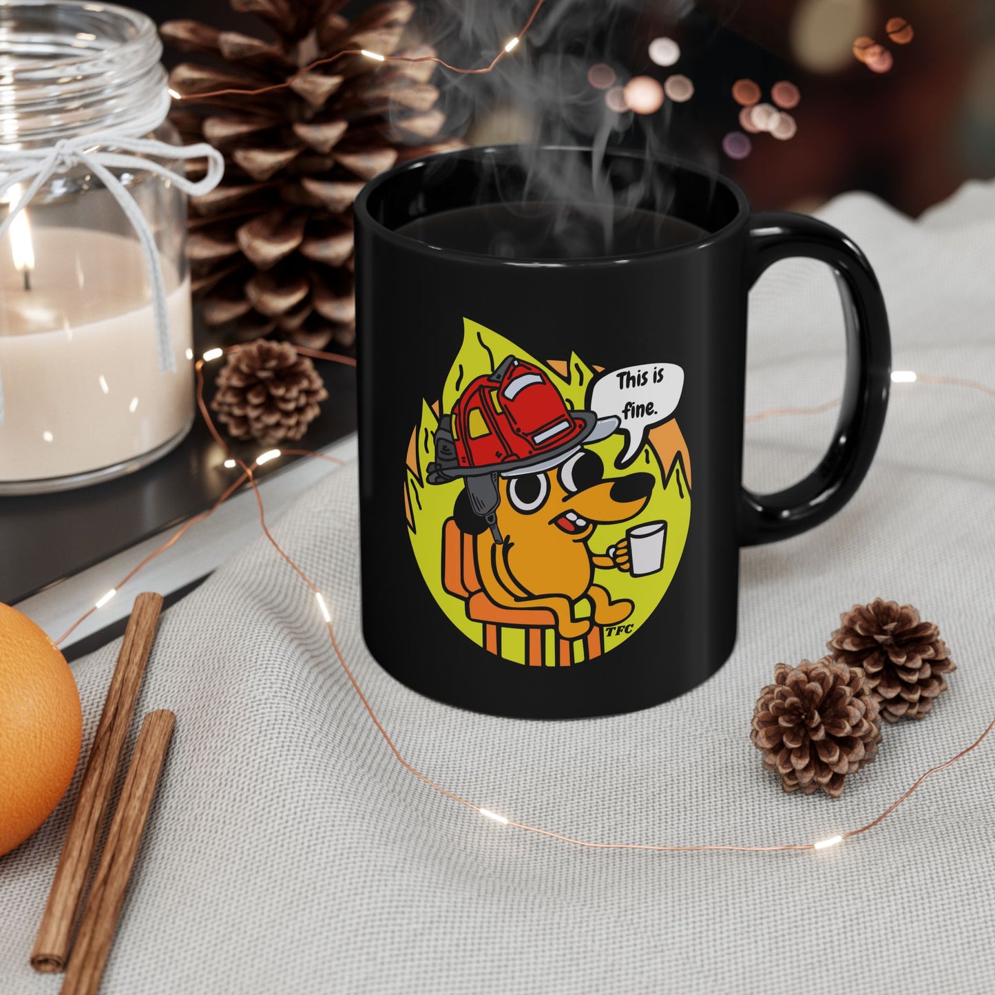 Firefighter Coffee Mug – “This Is Fine” Fire Dog Mug | Funny Firefighter Gift | Black Ceramic Coffee Cup (11oz & 15oz)