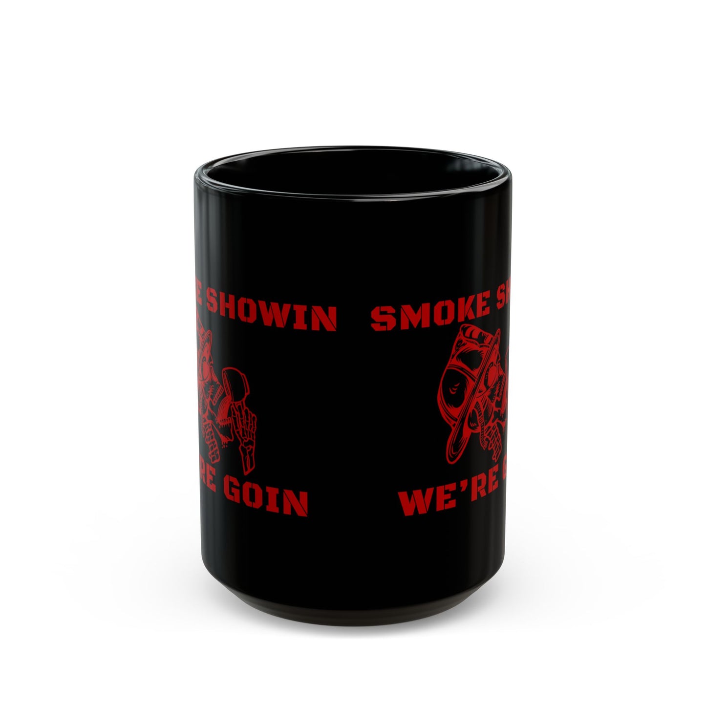 Smoke Showin We’re Goin Firefighter Coffee Mug – Black 11oz / 15oz – Red Skull Fire Helmet Design – Fireman Gift