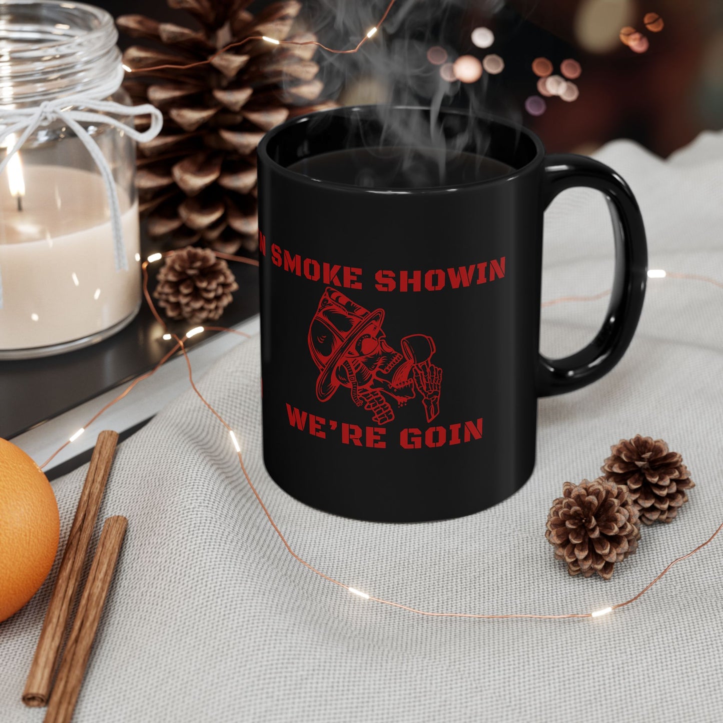 Smoke Showin We’re Goin Firefighter Coffee Mug – Black 11oz / 15oz – Red Skull Fire Helmet Design – Fireman Gift