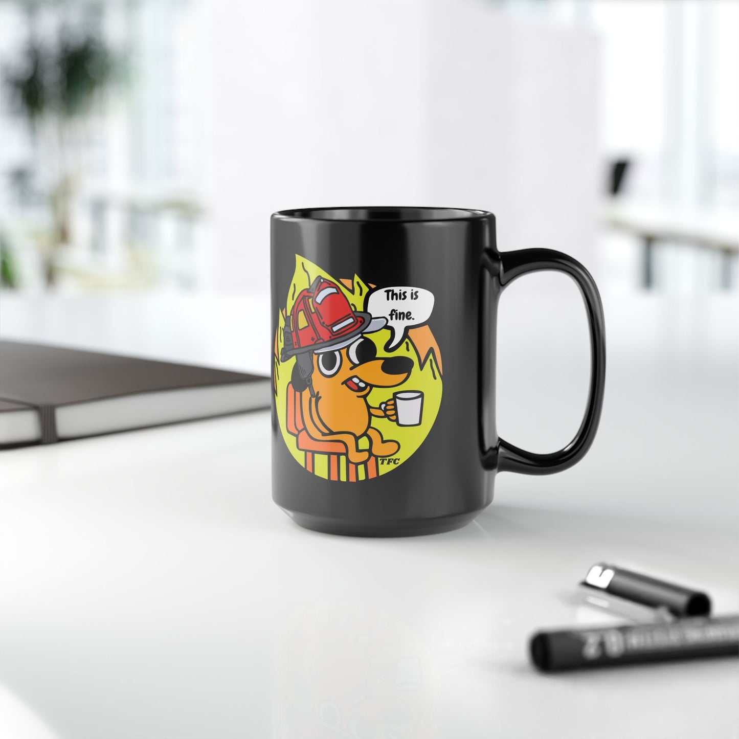 Firefighter Coffee Mug – “This Is Fine” Fire Dog Mug | Funny Firefighter Gift | Black Ceramic Coffee Cup (11oz & 15oz)