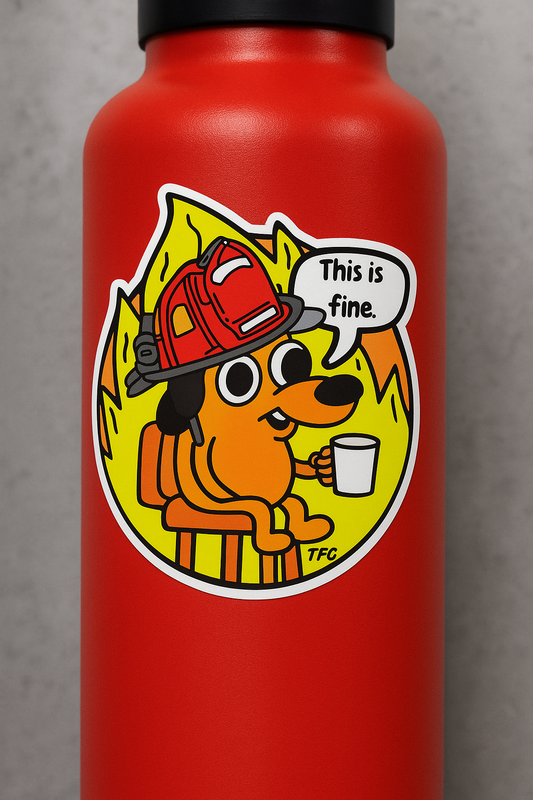 “This is Fine” Firefighter Sticker – Durable Vinyl Meme Decal for Laptops, Cars & Gear