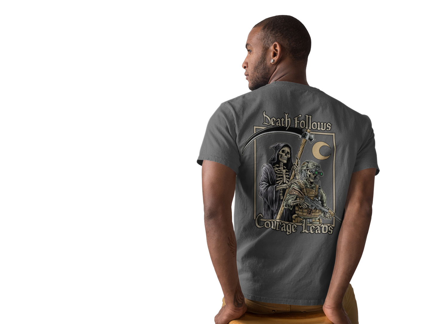 Death Follows Courage Leads Shirt – Tactical Skeleton & Grim Reaper Tee – Military Warrior Apparel – Fearless Combat Operator T-Shirt