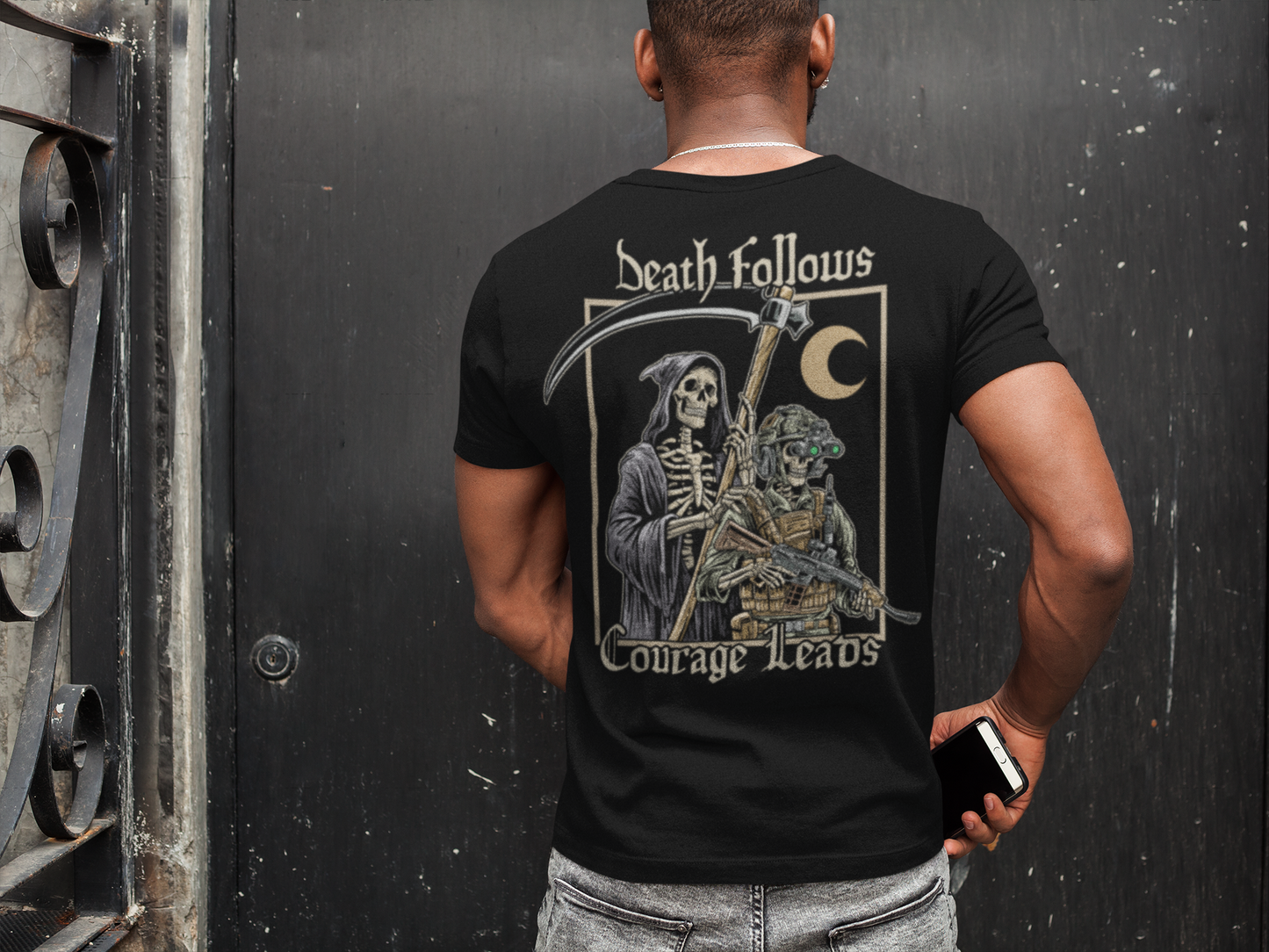 Death Follows Courage Leads Shirt – Tactical Skeleton & Grim Reaper Tee – Military Warrior Apparel – Fearless Combat Operator T-Shirt