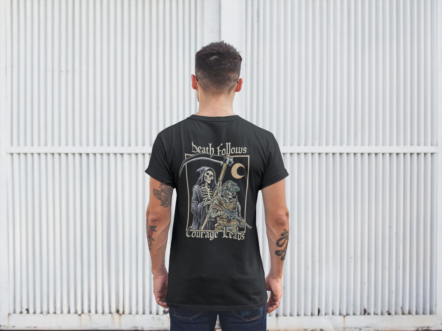 Death Follows Courage Leads Shirt – Tactical Skeleton & Grim Reaper Tee – Military Warrior Apparel – Fearless Combat Operator T-Shirt