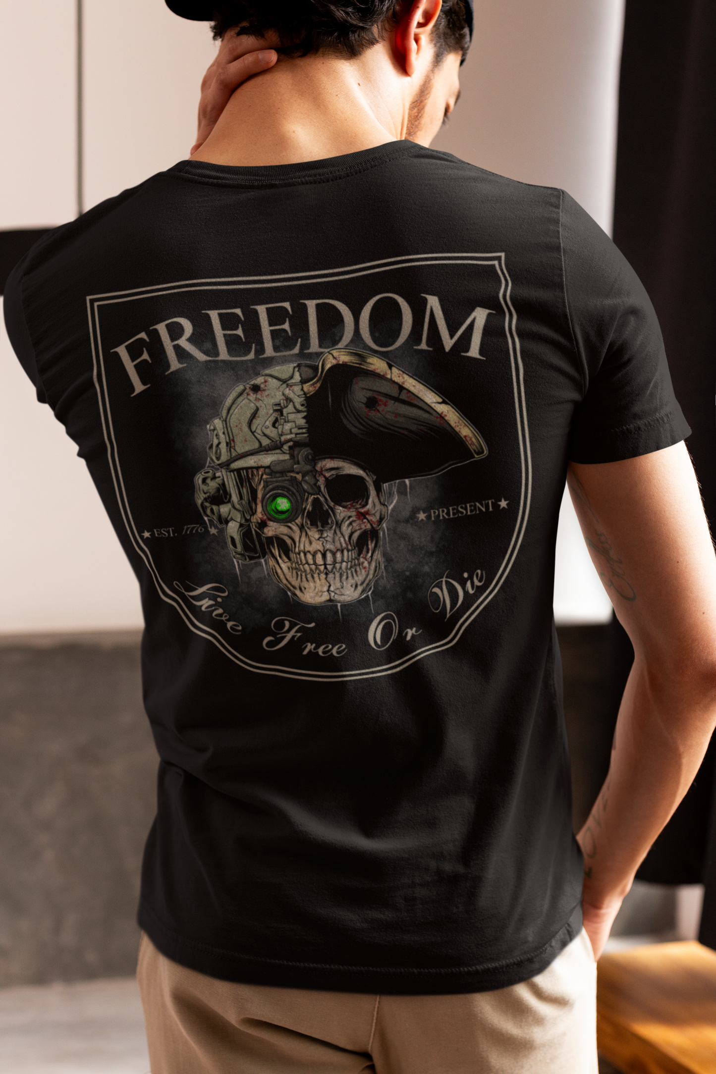 Freedom T-Shirt – Live Free or Die | 1776 Patriotic Skeleton Shirt | Tactical American Heritage Tee | Veteran, Military, 2A, Independence Shirt