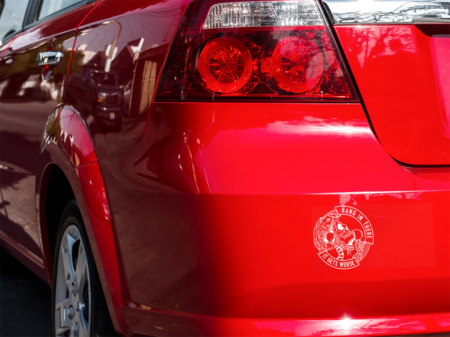 Hang In There It Gets Worse | Tactical Skull Transfer Sticker for Cars, Windows, Laptops & Gear