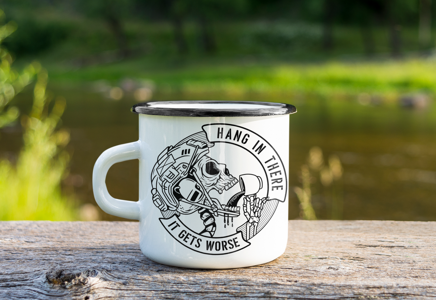 Hang In There Enamel Camping Mug - Motivational Outdoor Drinkware