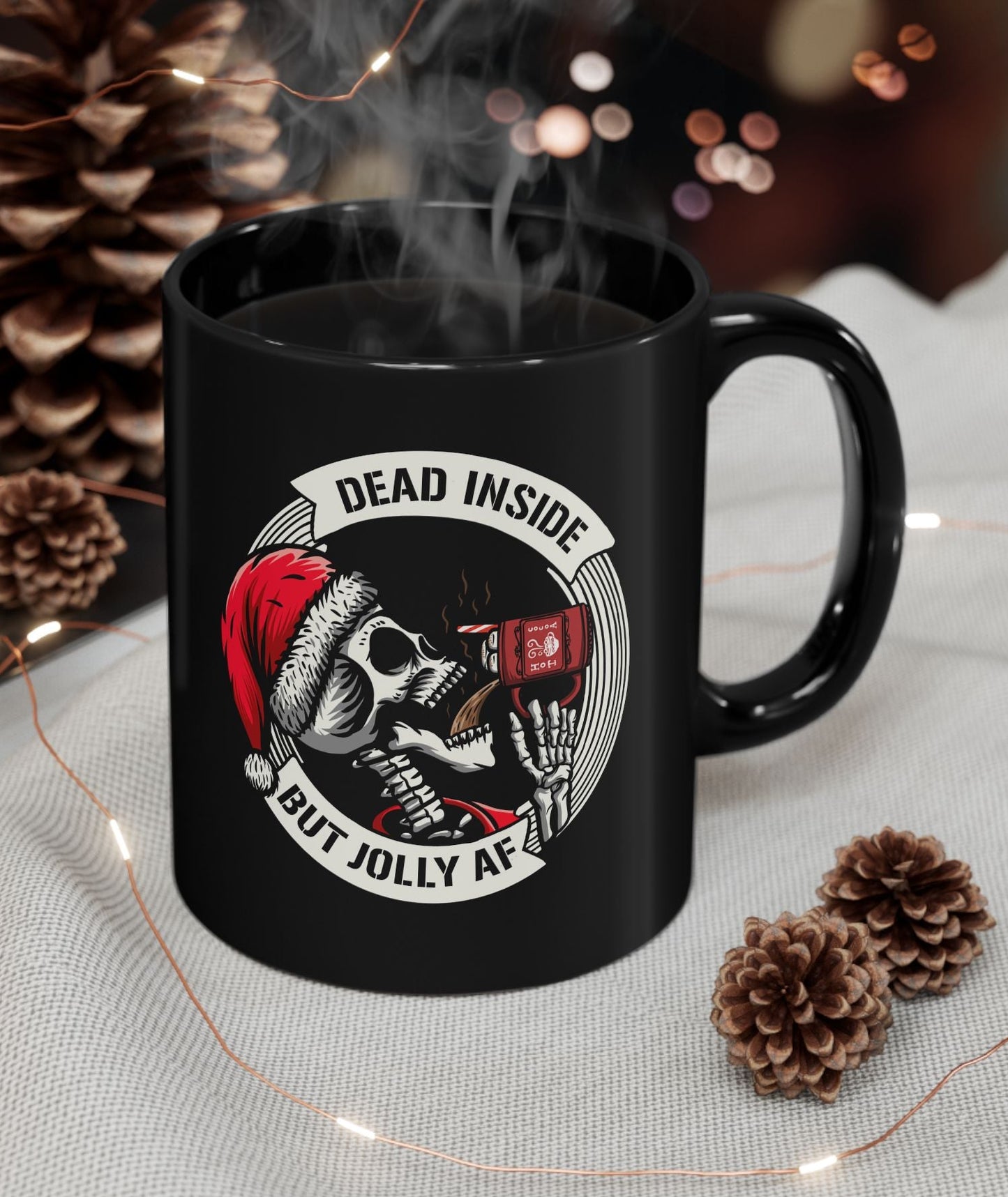 Dead Inside But Jolly AF Coffee Mug – Dark Humor Christmas Skeleton Santa Mug – Holiday Gift for Coffee Lovers