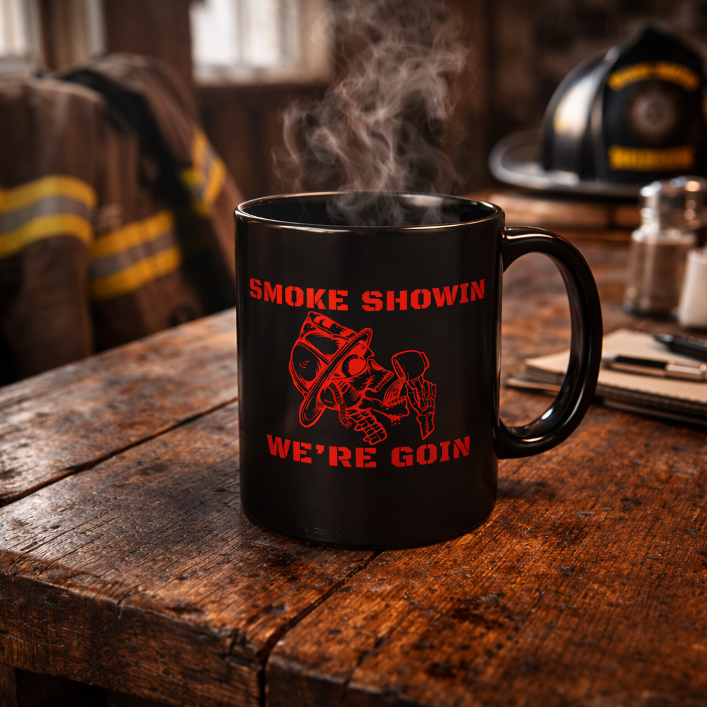 Smoke Showin We’re Goin Firefighter Coffee Mug – Black 11oz / 15oz – Red Skull Fire Helmet Design – Fireman Gift