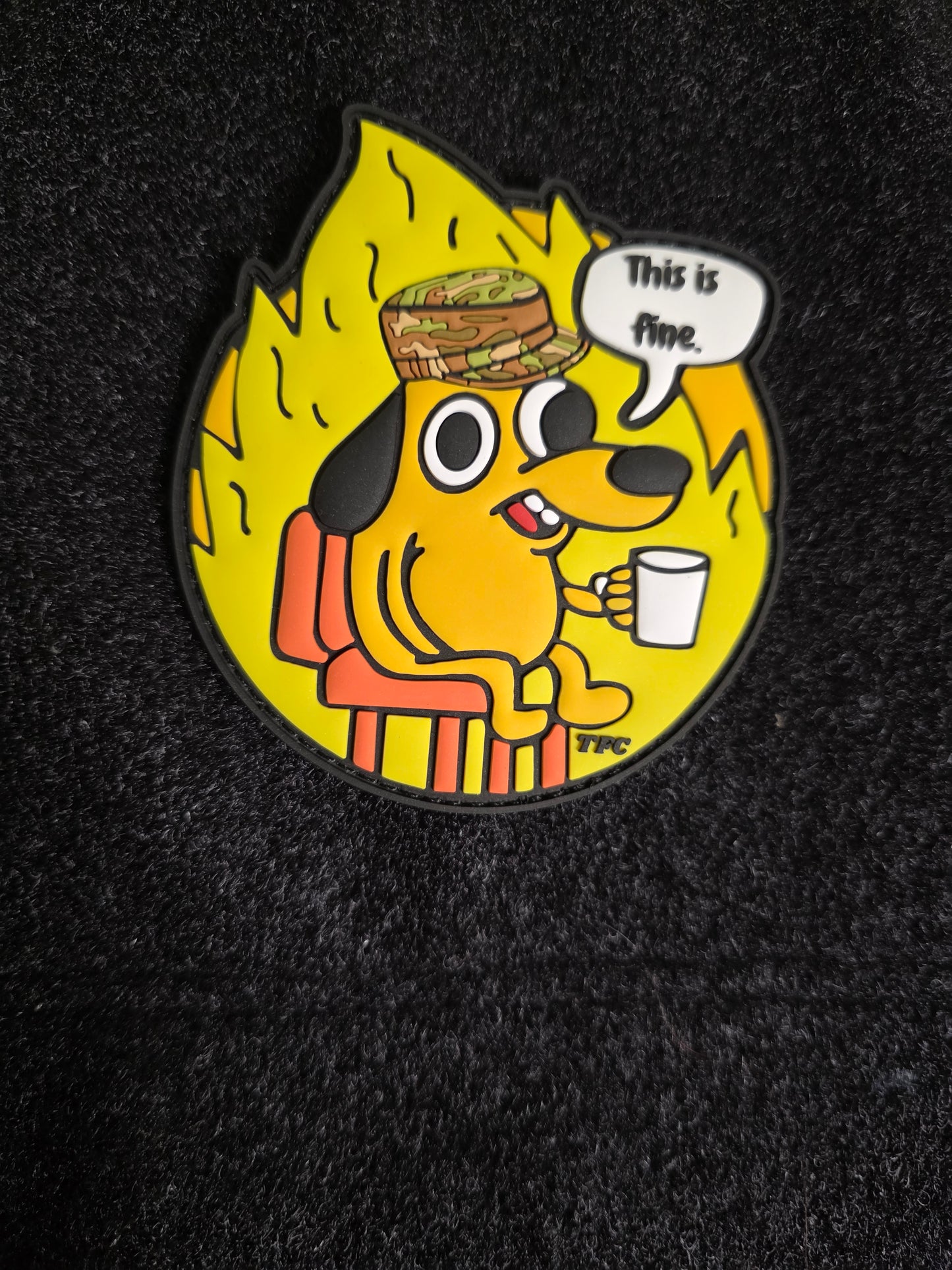 Funny Military Patch “This Is Fine” – Tactical Morale Hook & Loop Patch for Gear, Bags, and Uniforms