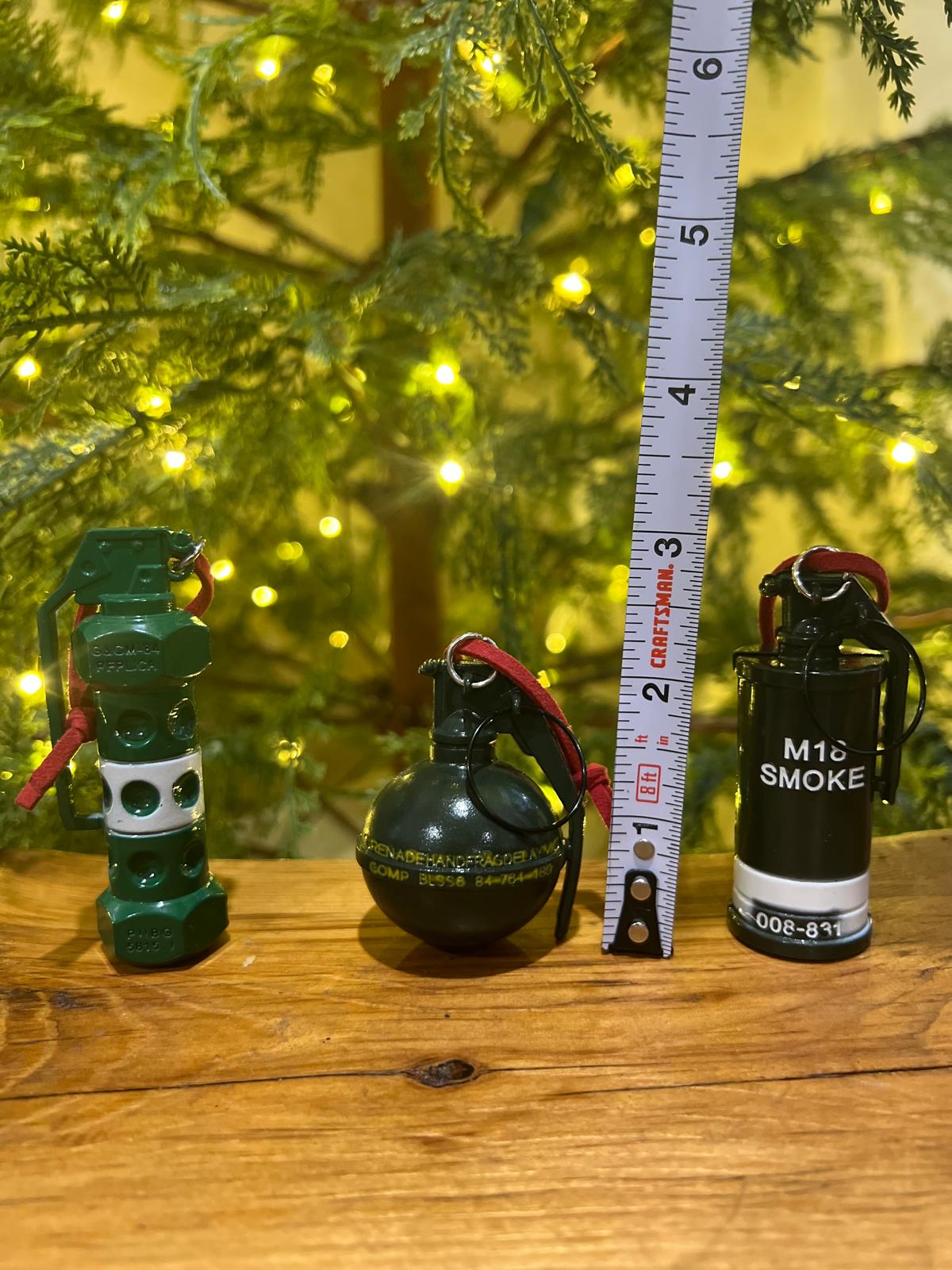 Tactical Christmas Ornaments – M18 Smoke, M67 Grenade & Flashbang Decorations | Military, First Responder & Patriotic Holiday Decor | Funny Gift for Veterans & Soldiers