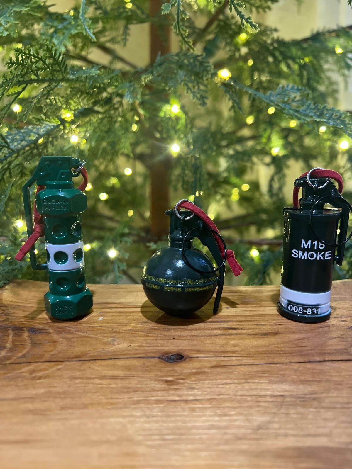 Tactical Christmas Ornaments – M18 Smoke, M67 Grenade & Flashbang Decorations | Military, First Responder & Patriotic Holiday Decor | Funny Gift for Veterans & Soldiers