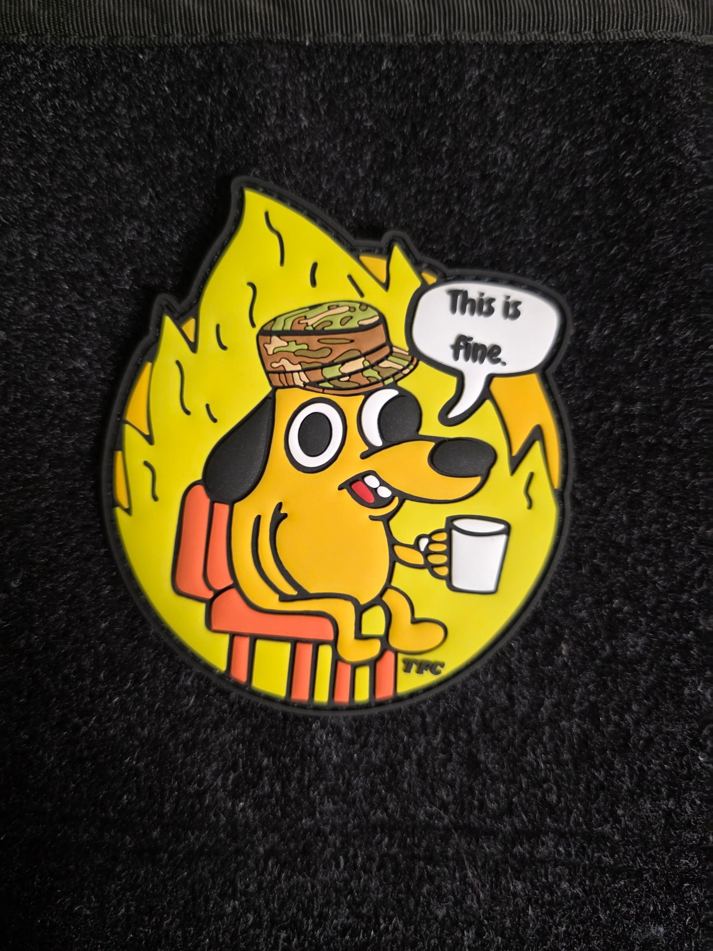 Funny Military Patch “This Is Fine” – Tactical Morale Hook & Loop Patch for Gear, Bags, and Uniforms