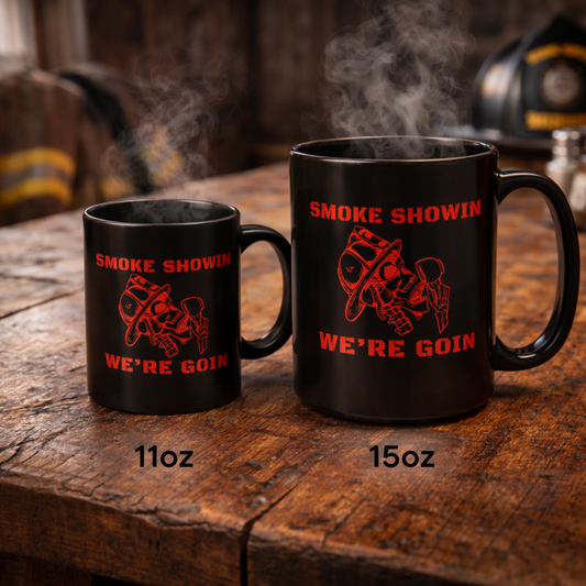 Smoke Showin We’re Goin Firefighter Coffee Mug – Black 11oz / 15oz – Red Skull Fire Helmet Design – Fireman Gift