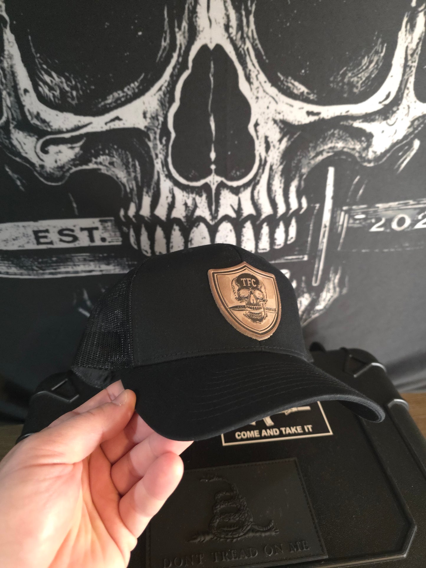 Tactical Fashion Company Leather Shield Hat – Black & Grey Trucker Cap | Premium Leather Patch | Tactical Hat