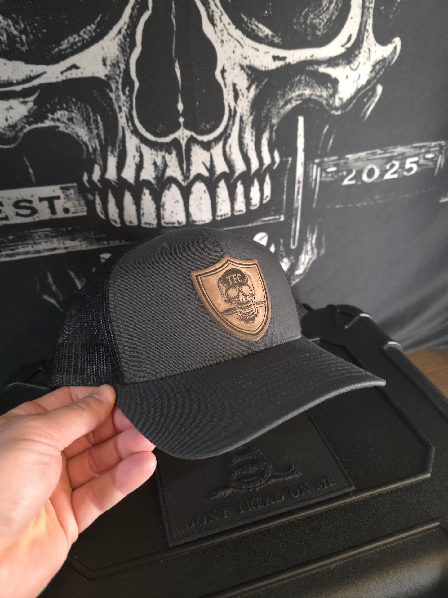 Tactical Fashion Company Leather Shield Hat – Black & Grey Trucker Cap | Premium Leather Patch | Tactical Hat
