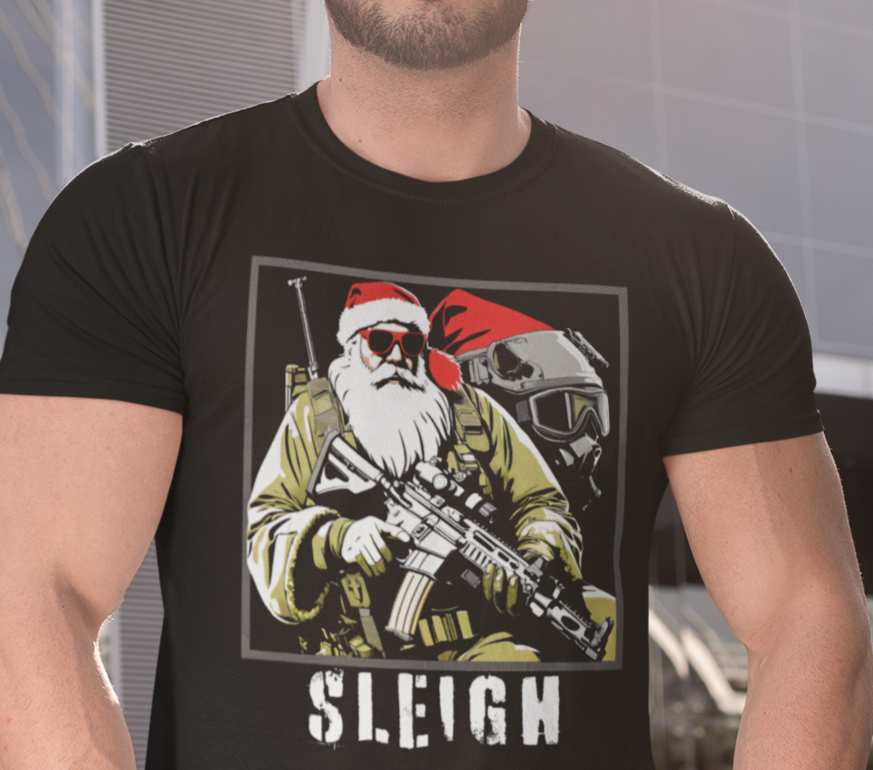 Tactical Santa “Sleigh” Christmas Shirt | Funny Military Holiday Tee for Veterans, Soldiers & First Responders