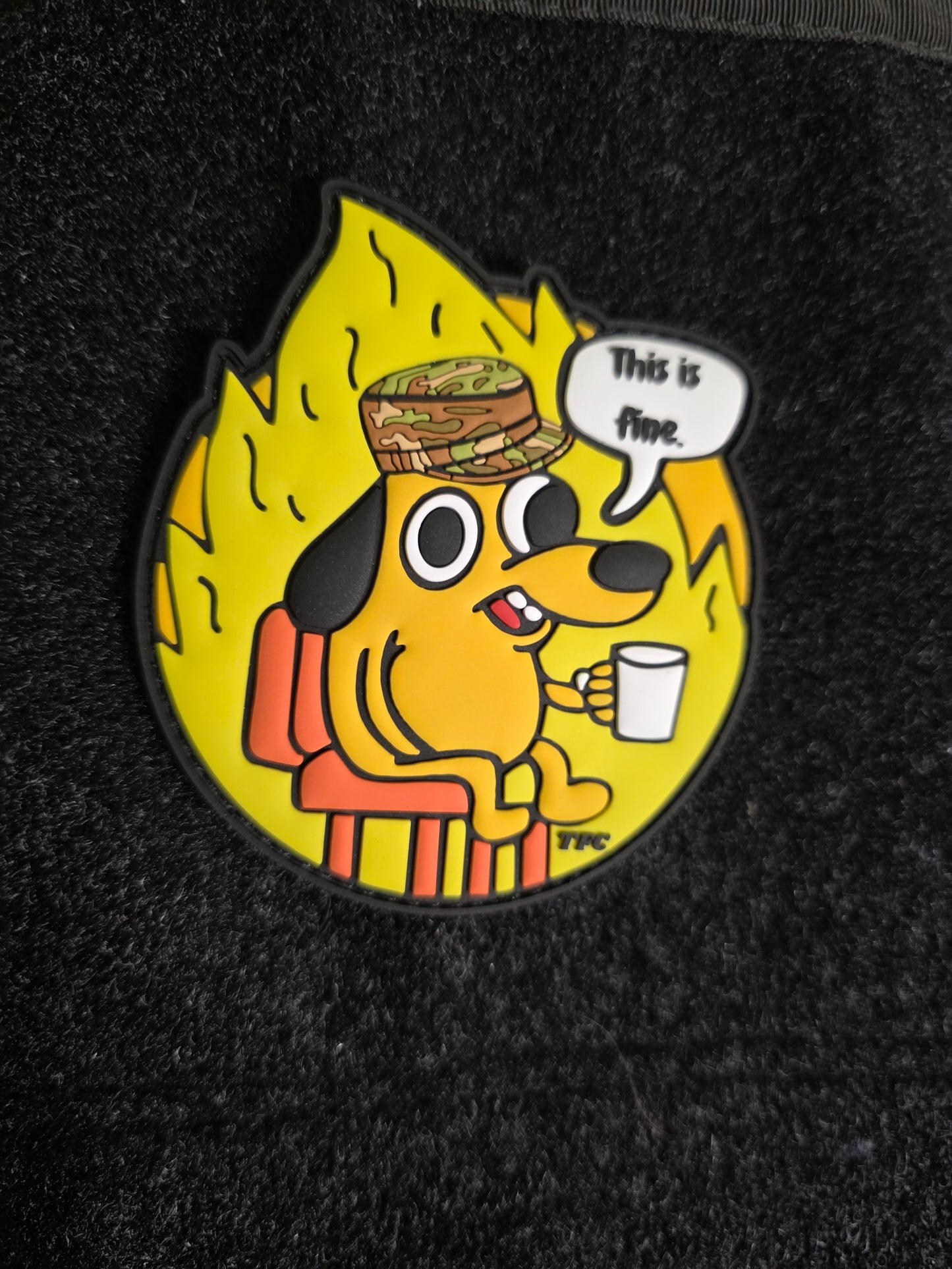 Funny Military Patch “This Is Fine” – Tactical Morale Hook & Loop Patch for Gear, Bags, and Uniforms