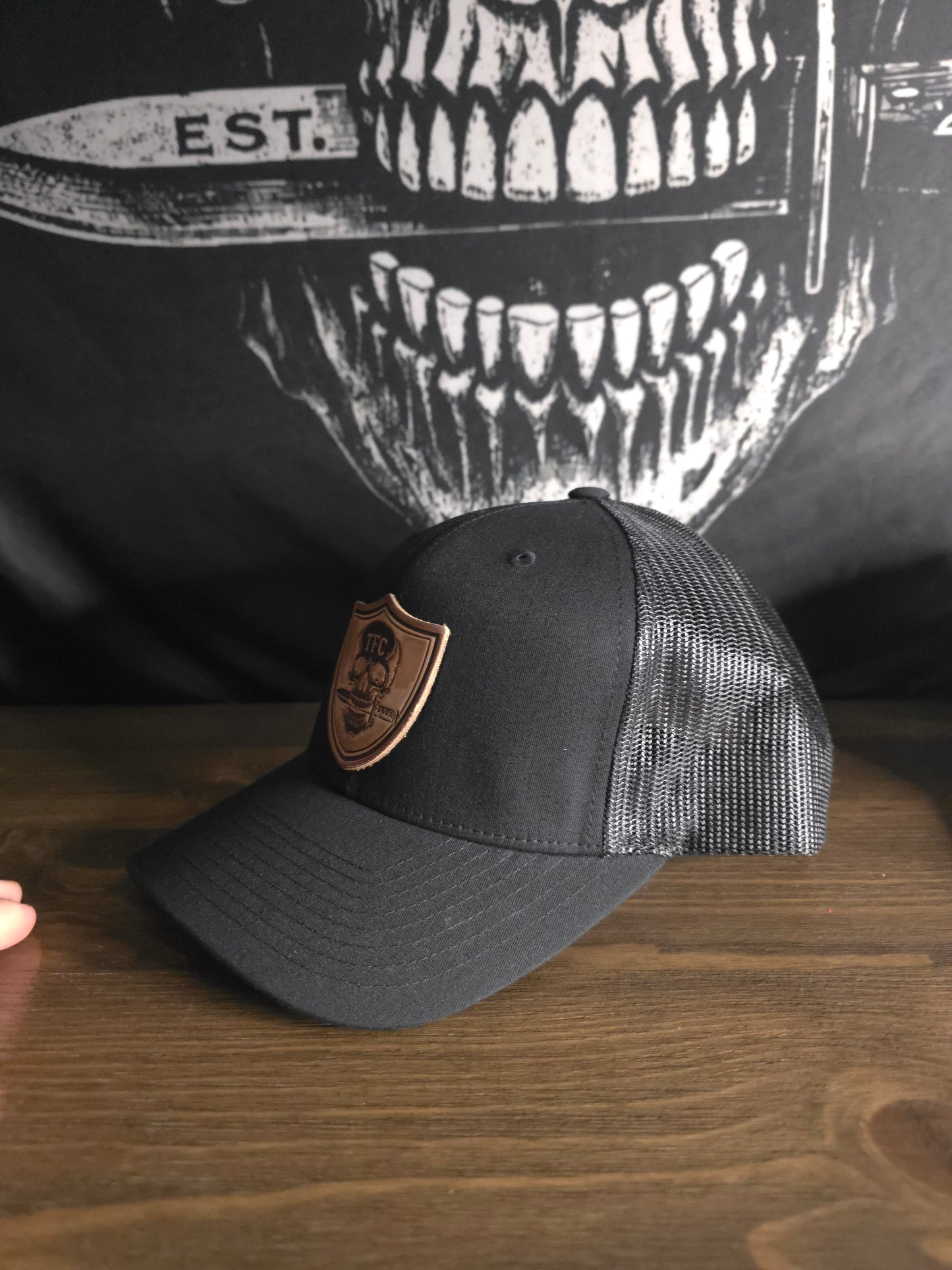 Tactical Fashion Company Leather Shield Hat – Black & Grey Trucker Cap | Premium Leather Patch | Tactical Hat