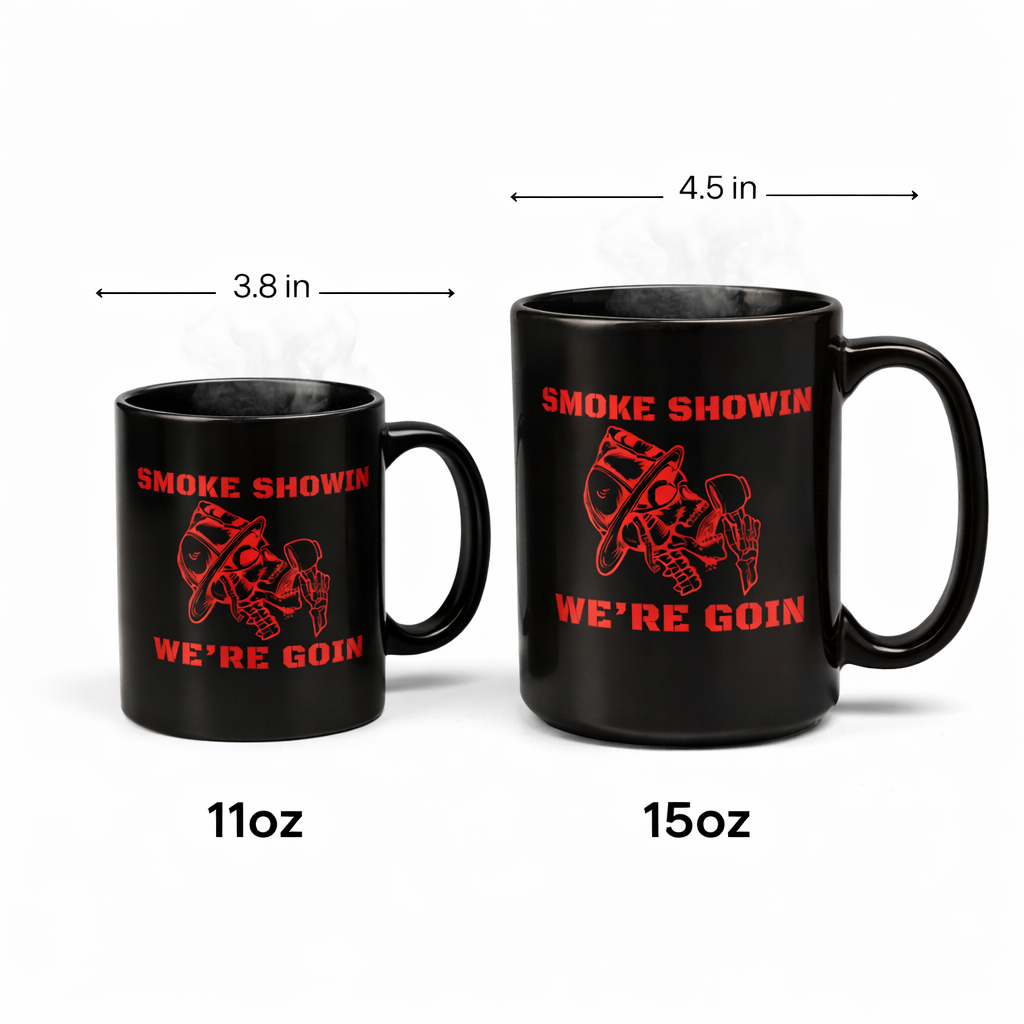 Smoke Showin We’re Goin Firefighter Coffee Mug – Black 11oz / 15oz – Red Skull Fire Helmet Design – Fireman Gift