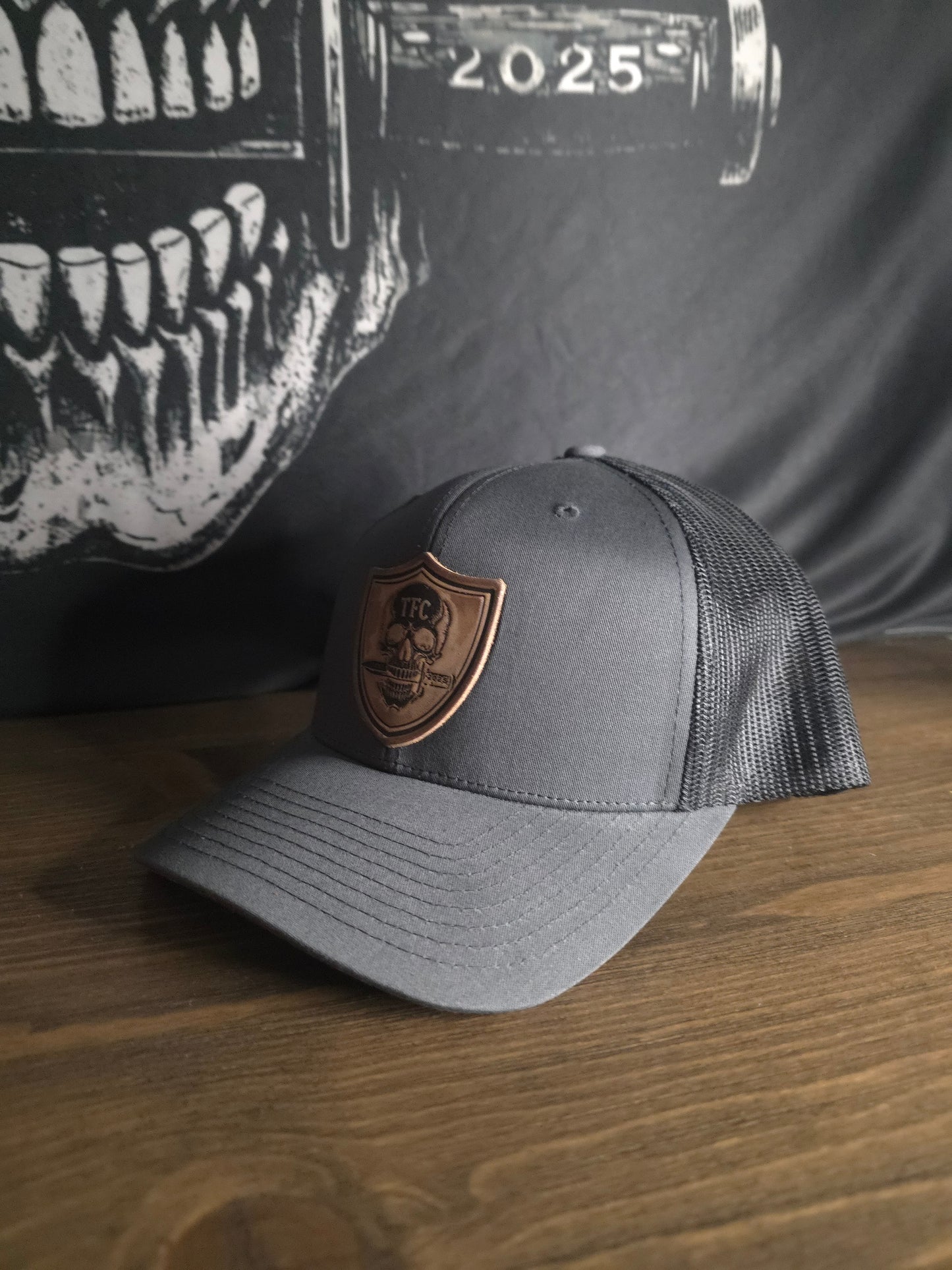 Tactical Fashion Company Leather Shield Hat – Black & Grey Trucker Cap | Premium Leather Patch | Tactical Hat