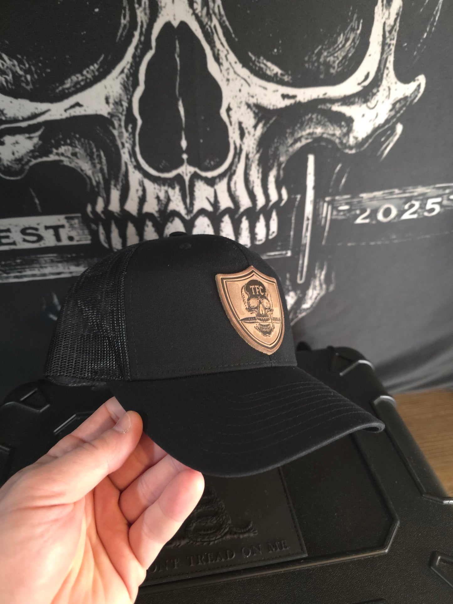 Tactical Fashion Company Leather Shield Hat – Black & Grey Trucker Cap | Premium Leather Patch | Tactical Hat