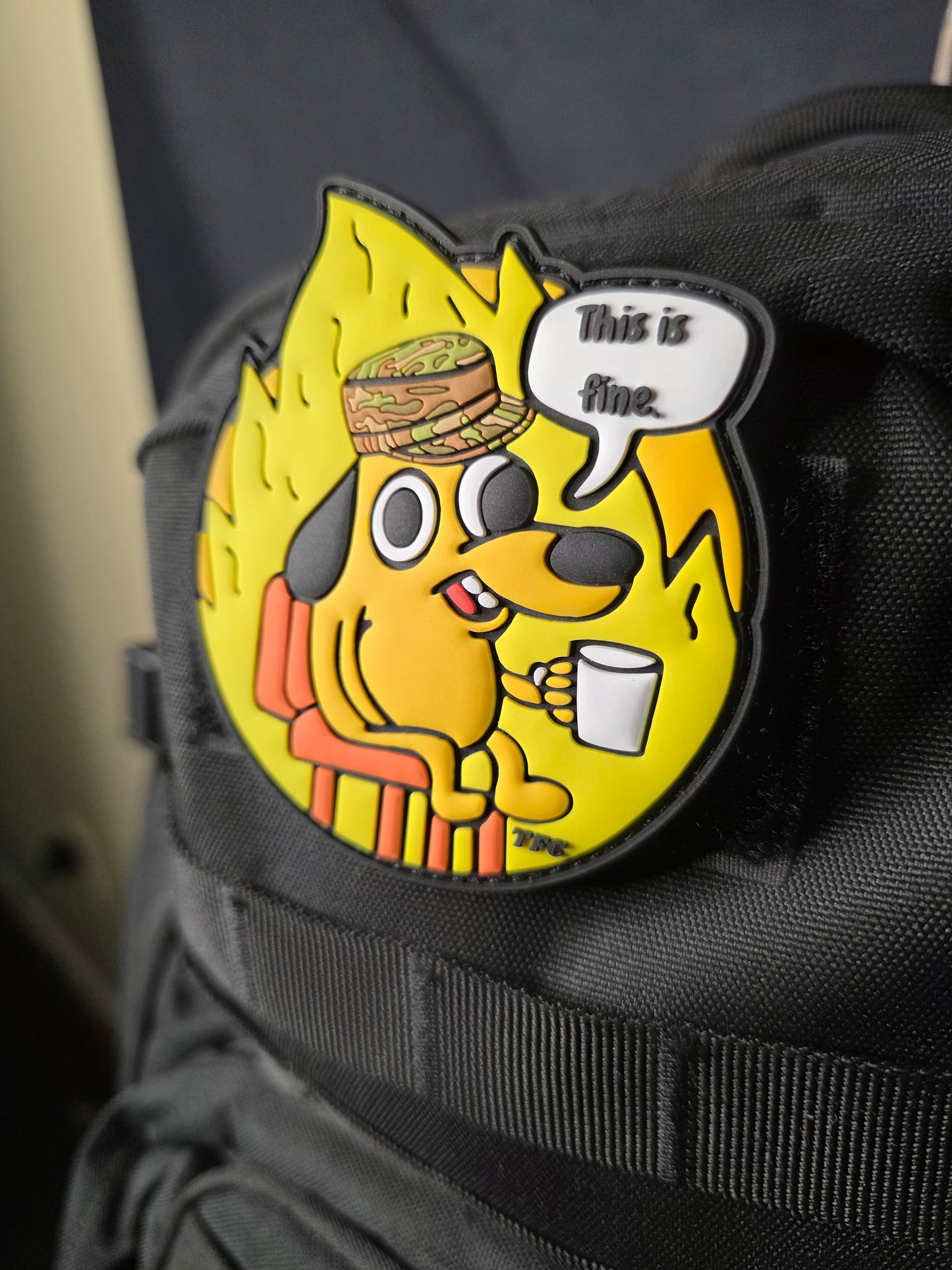 Funny Military Patch “This Is Fine” – Tactical Morale Hook & Loop Patch for Gear, Bags, and Uniforms