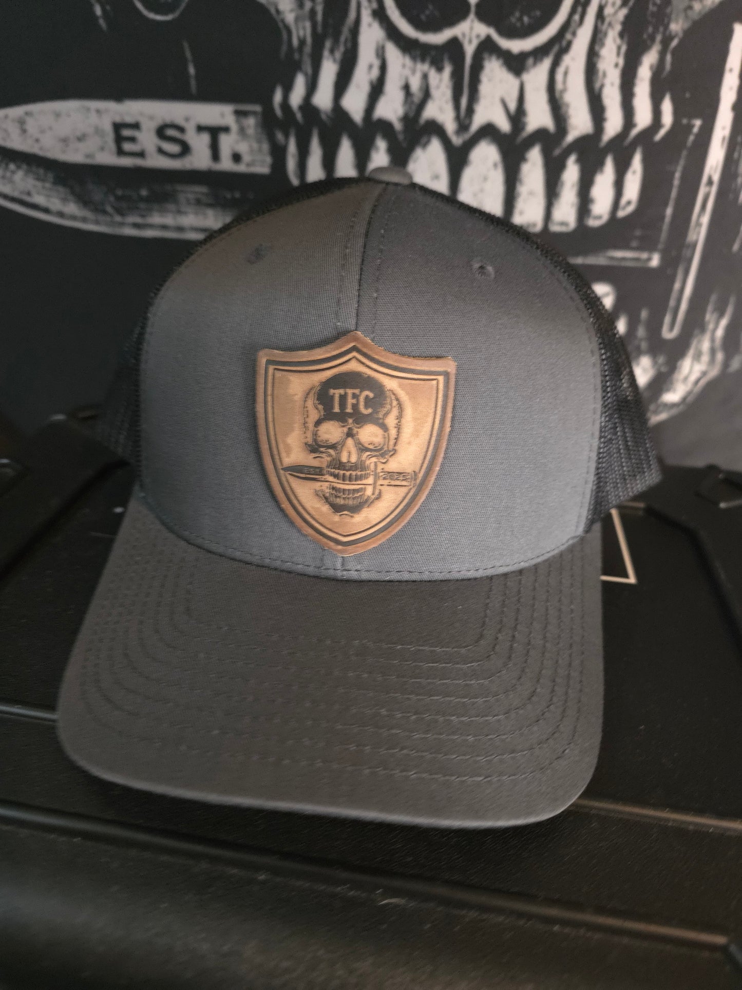 Tactical Fashion Company Leather Shield Hat – Black & Grey Trucker Cap | Premium Leather Patch | Tactical Hat