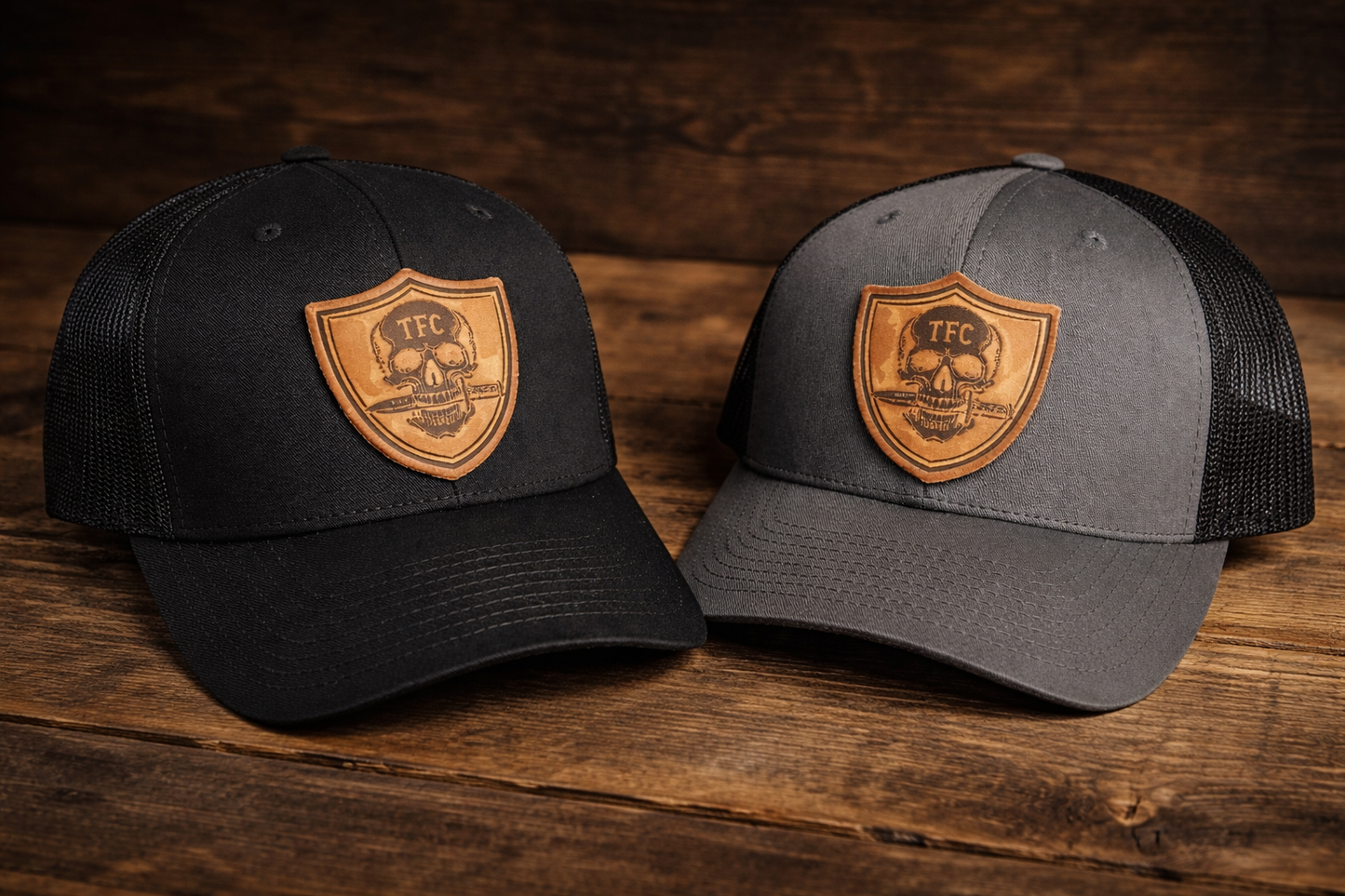 Tactical Fashion Company Leather Shield Hat – Black & Grey Trucker Cap | Premium Leather Patch | Tactical Hat