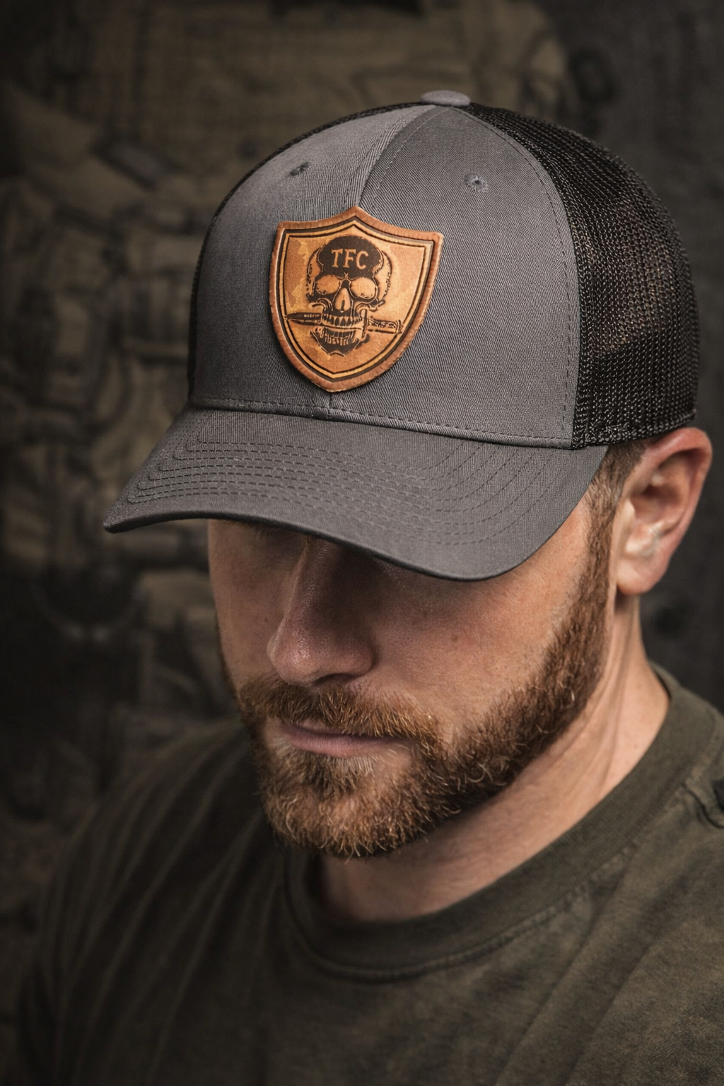 Tactical Fashion Company Leather Shield Hat – Black & Grey Trucker Cap | Premium Leather Patch | Tactical Hat