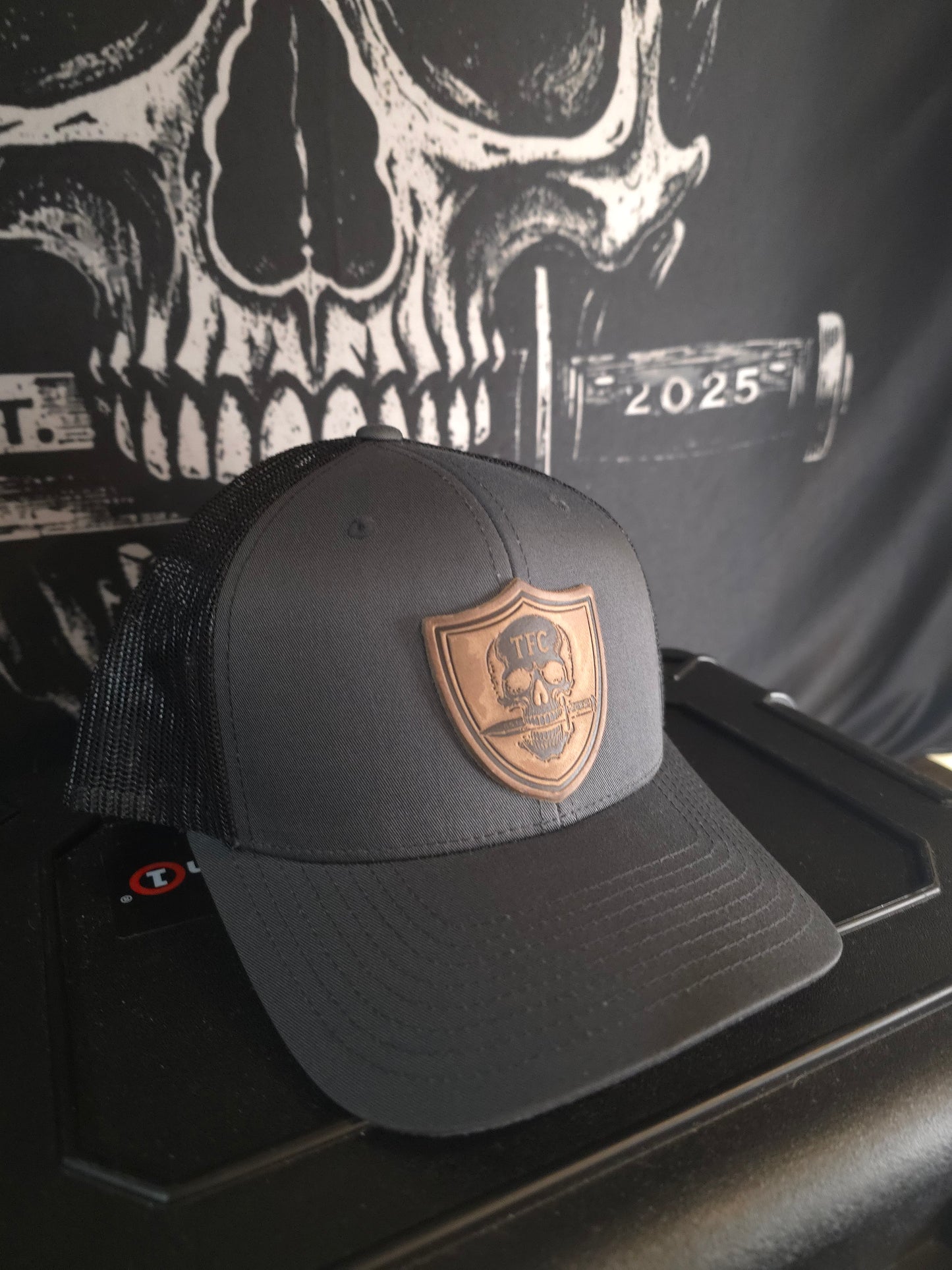 Tactical Fashion Company Leather Shield Hat – Black & Grey Trucker Cap | Premium Leather Patch | Tactical Hat