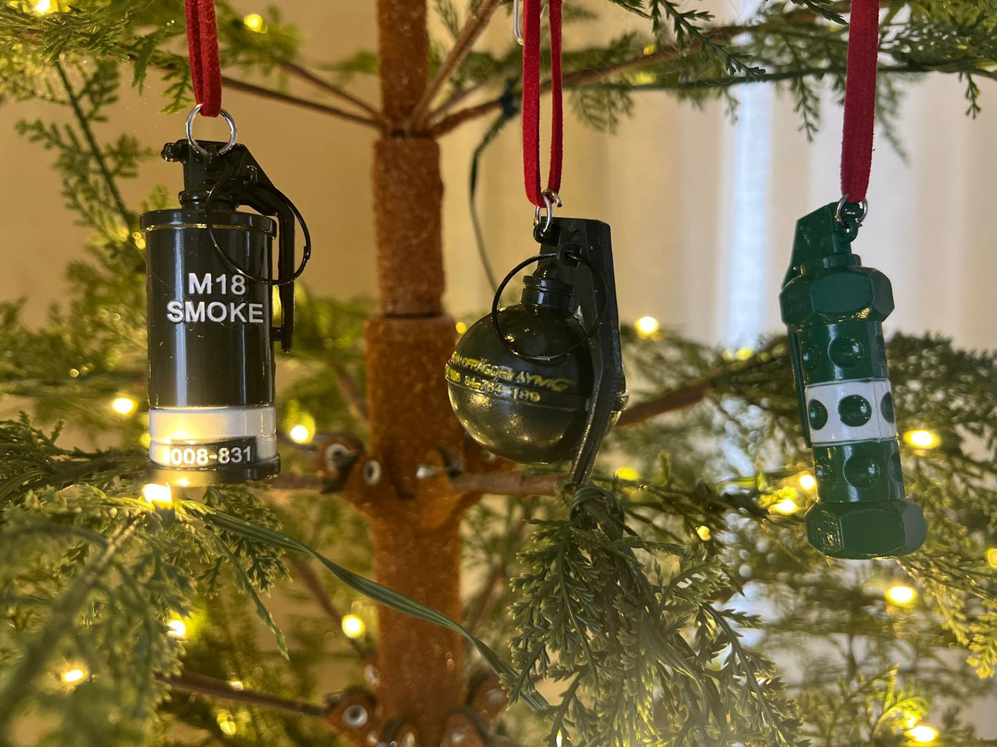 Tactical Christmas Ornaments – M18 Smoke, M67 Grenade & Flashbang Decorations | Military, First Responder & Patriotic Holiday Decor | Funny Gift for Veterans & Soldiers