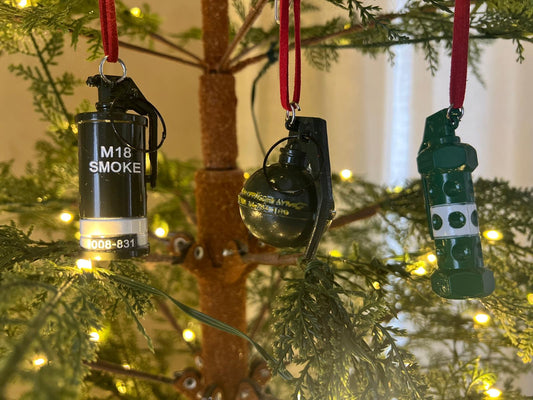Tactical Christmas Ornaments – M18 Smoke, M67 Grenade & Flashbang Decorations | Military, First Responder & Patriotic Holiday Decor | Funny Gift for Veterans & Soldiers