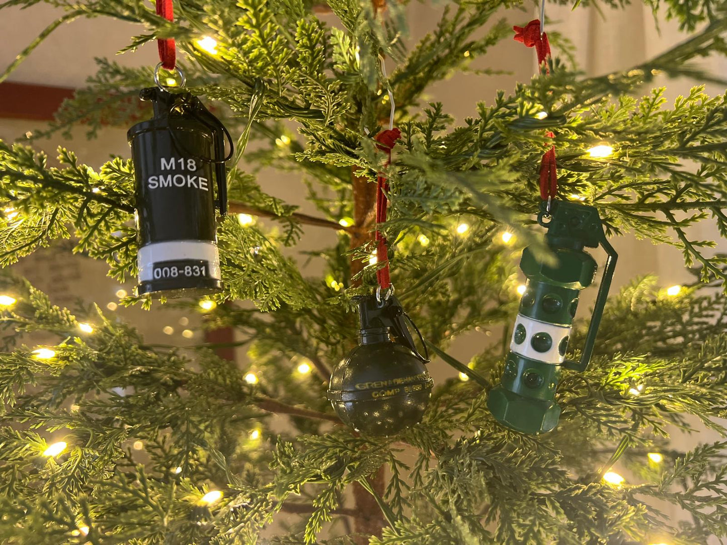 Tactical Christmas Ornaments – M18 Smoke, M67 Grenade & Flashbang Decorations | Military, First Responder & Patriotic Holiday Decor | Funny Gift for Veterans & Soldiers